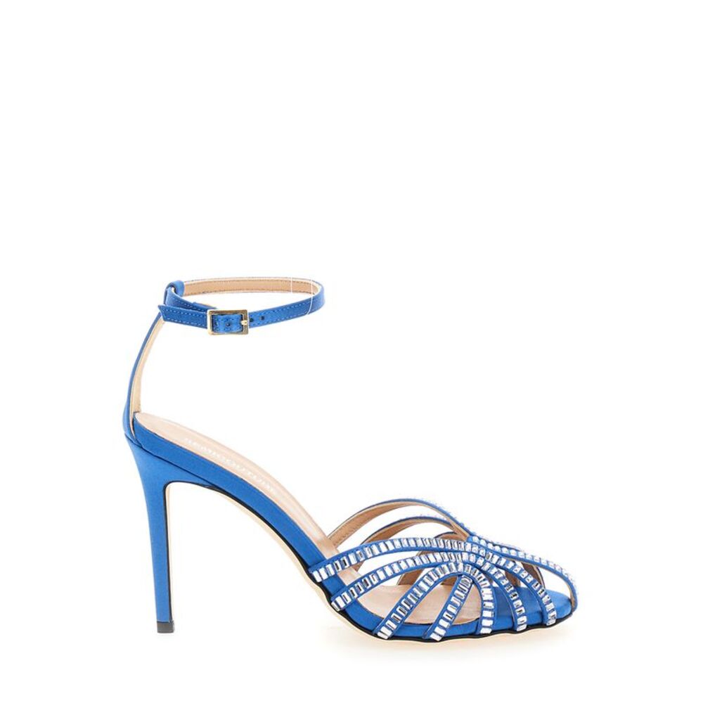 Semicouture Women Light Blue Sandals With Baguette Rhinestones In Satin Woman